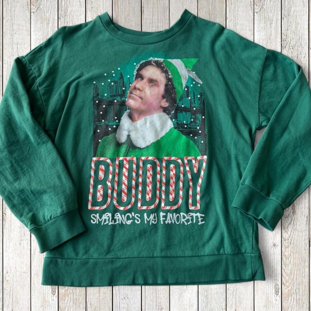 Elf Buddy Smiling's My Favorite Green Christmas Sweatshirt Youth XL 14/16